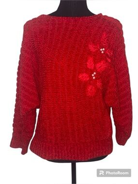 Vintage Donagain Womens Red Floral Long Sleeve Sweater SZ Med 1980s